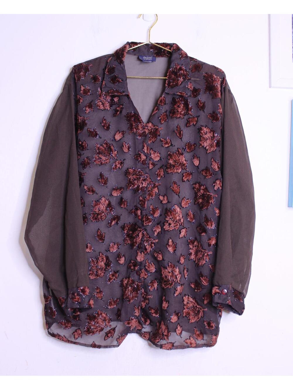 VTG Brown Sheer Velvet Leaf Burnout Button Down - Large